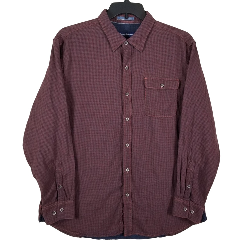 Tommy Bahama Mens Long Sleeve Button Front Shirt Burgundy Micro Check Cotton L‎